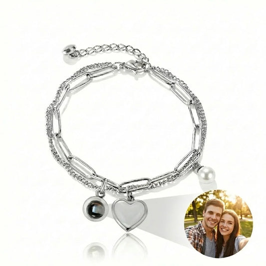 PhilU - Personalised Heart & Pearl Photo Projection Bracelet - Premium E-Coating Cooper / Rose gold