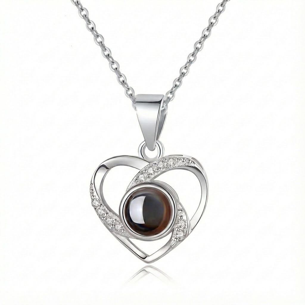 PhilU - Personalised Sparkling Halo Heart Photo Projection Necklace - Premium E-Coating Cooper / Silver