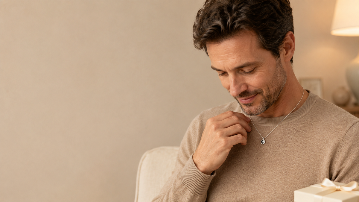 Father touching a PhilU photo projection necklace in a warm gift moment