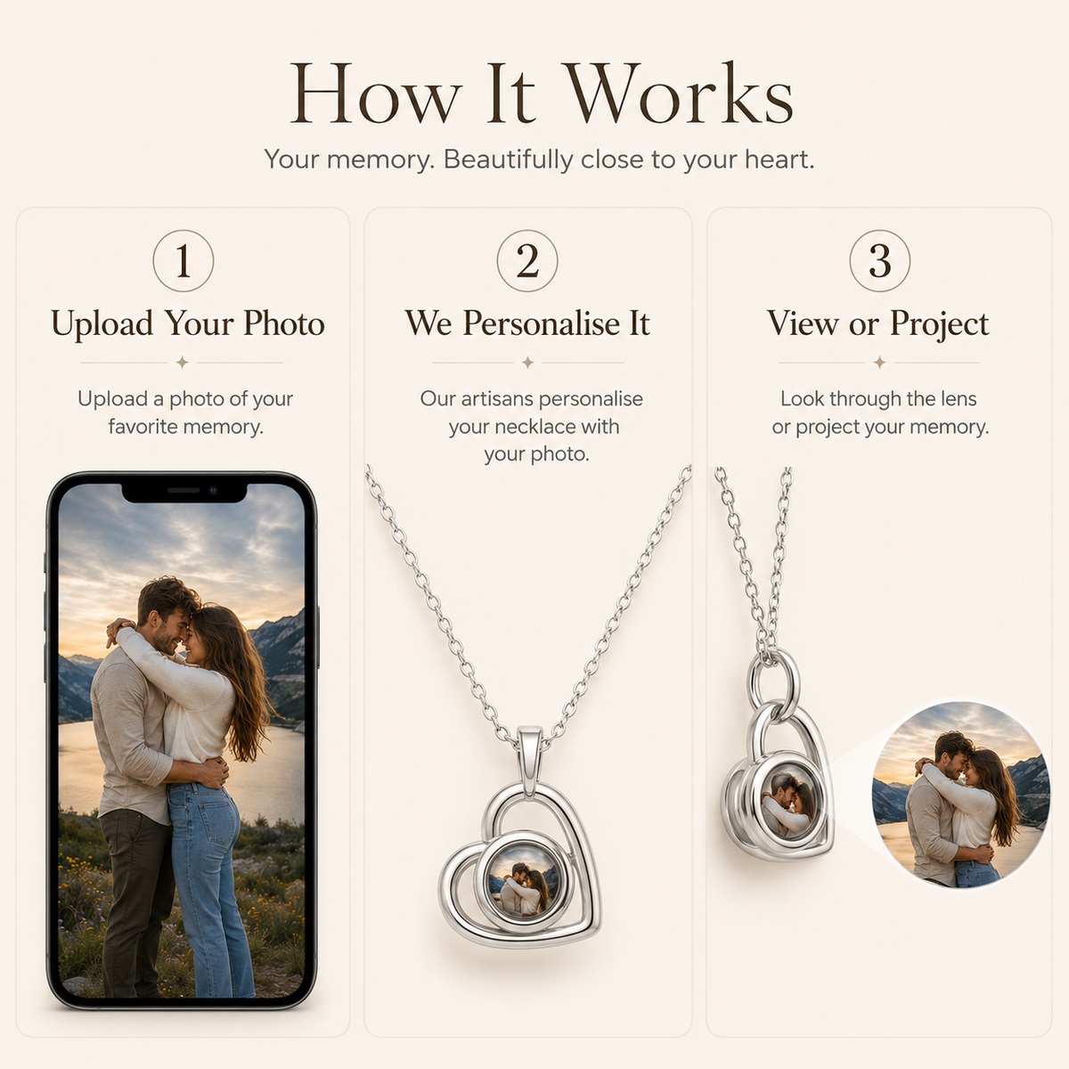 Personalised Minimalist Sleek Heart Photo Projection Necklace