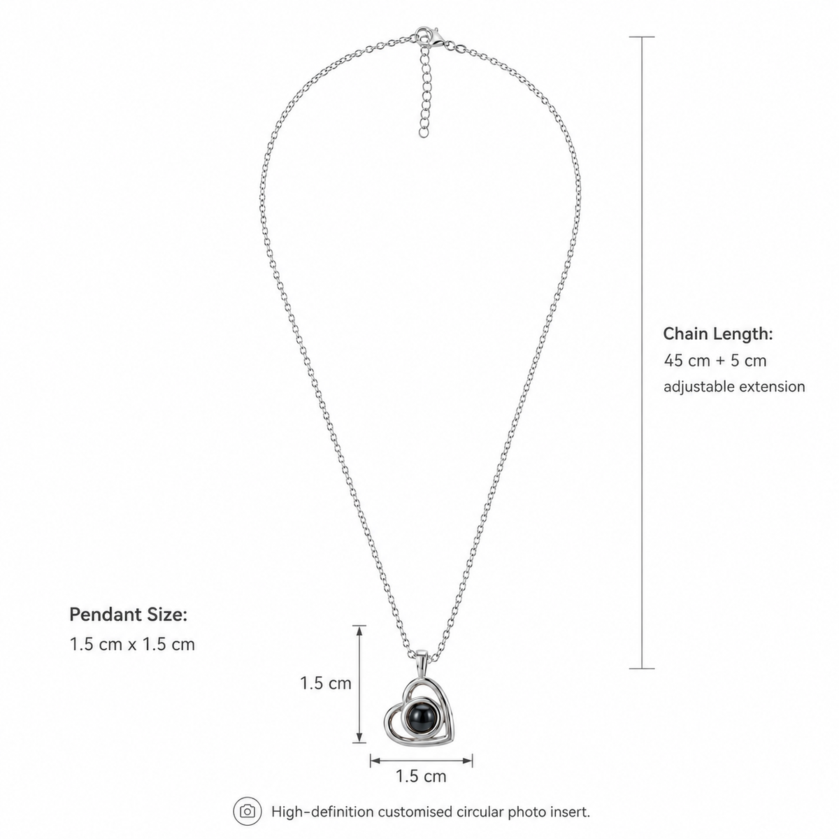 Personalised Minimalist Sleek Heart Photo Projection Necklace