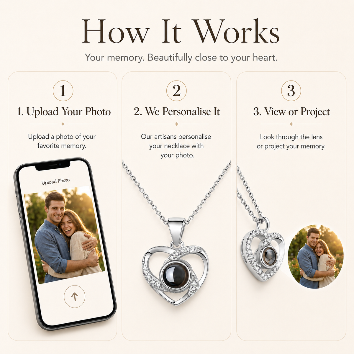 Personalised Sparkling Halo Heart Photo Projection Necklace