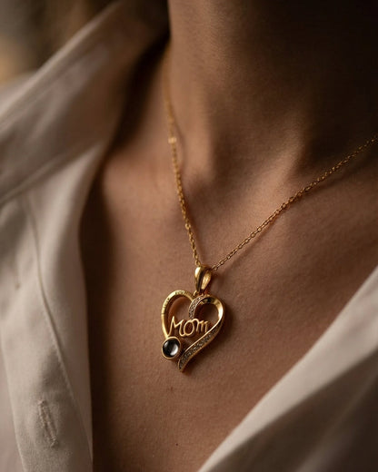 Personalised Classic “MOM” Script Heart Photo Projection Necklace Model