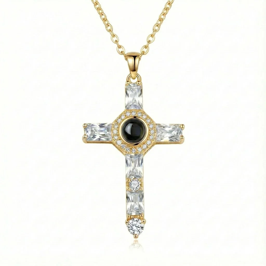 PhilU - Personalised Classic Holy Cross Photo Projection Necklace - Premium E-Coating Cooper / Gold