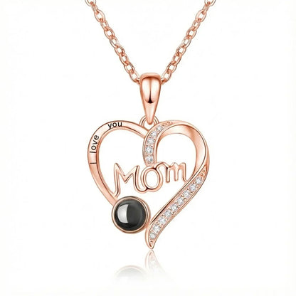 PhilU - Personalised Classic “MOM” Script Heart Photo Projection Necklace - Premium E-Coating Cooper / Rose gold