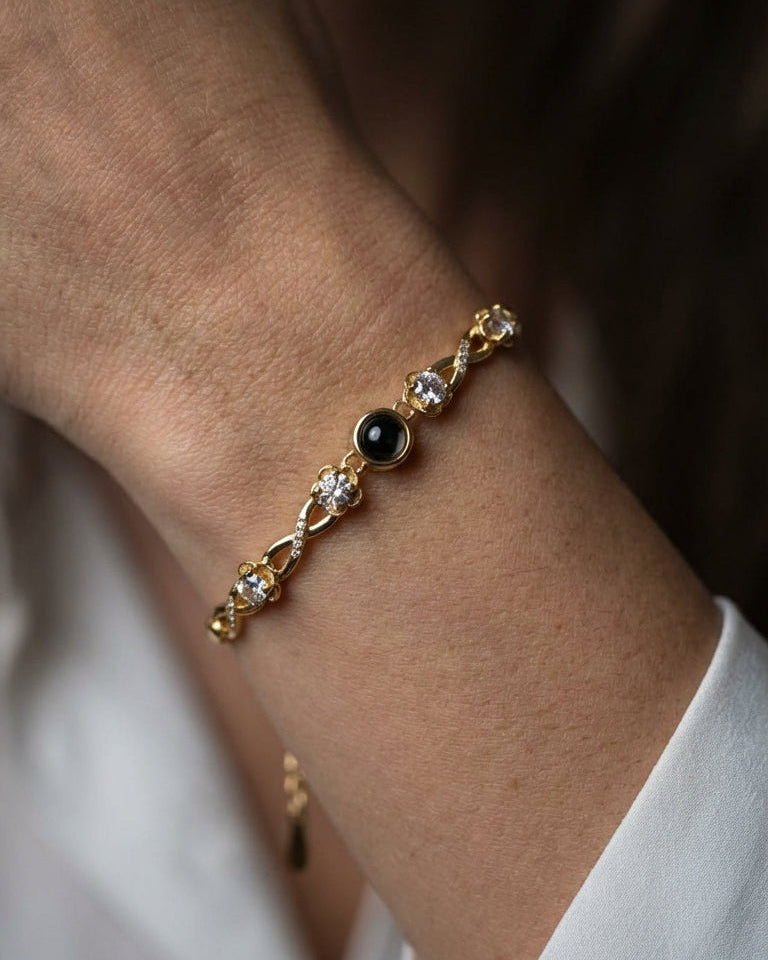 PhilU - Personalised Blooming Memory Photo Projection Bracelet - Premium E-Coating Cooper / Gold - Female Model