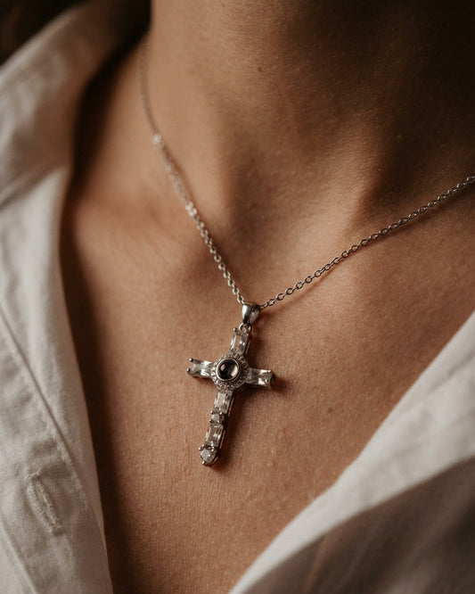 PhilU - Personalised Classic Holy Cross Photo Projection Necklace - Premium E-Coating Cooper / Silver Female Model