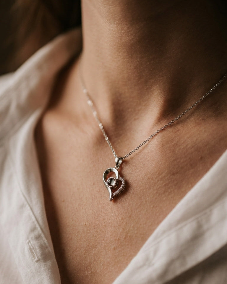 PhilU - Personalised Classic Love Heart Photo Projection Necklace - Premium E-Coating Cooper / Silver Female Model