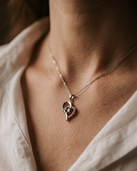 PhilU - Personalised Classic Love Heart Photo Projection Necklace - Premium E-Coating Cooper / Silver Female Model