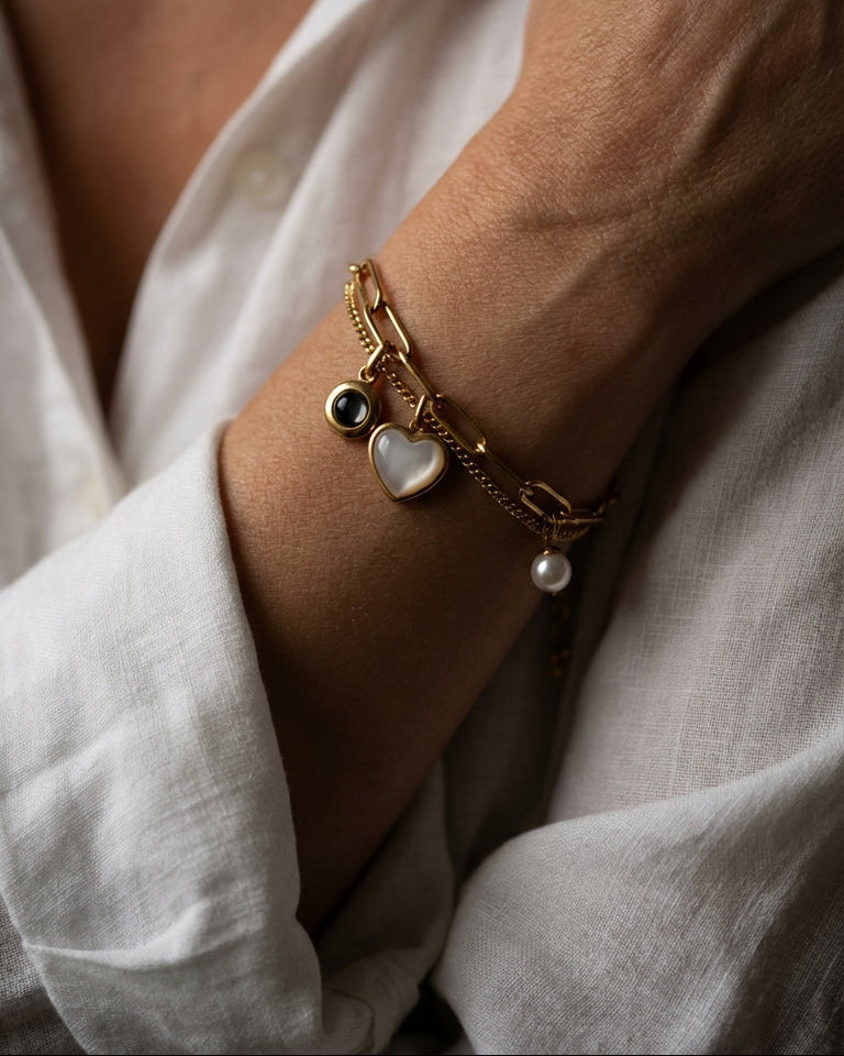 PhilU - Personalised Heart & Pearl Photo Projection Bracelet - Premium E-Coating Cooper / Gold - Female Model