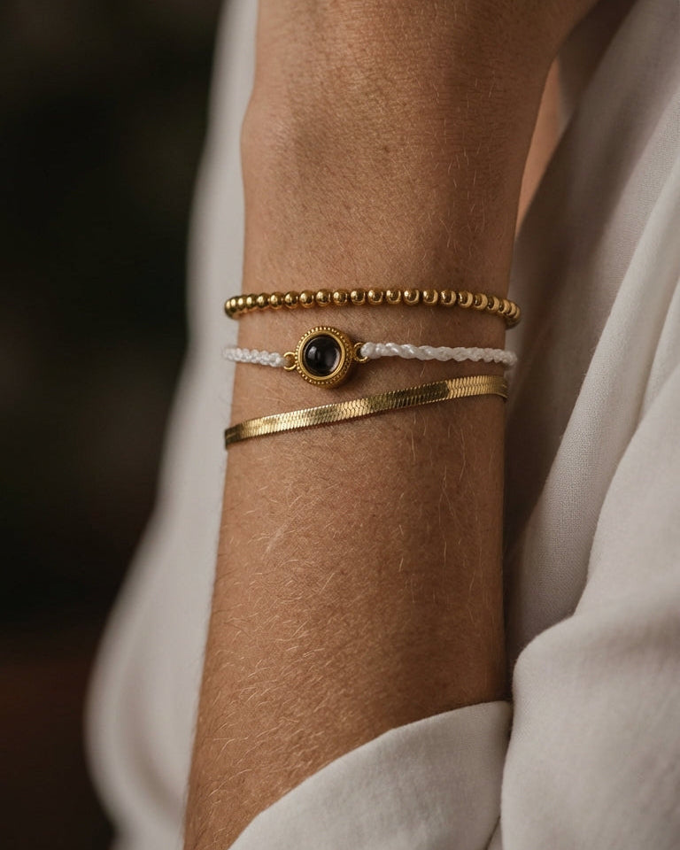 PhilU - Personalised Trio Layered Photo Projection Bracelet - Premium E-Coating Cooper / Gold Female Model