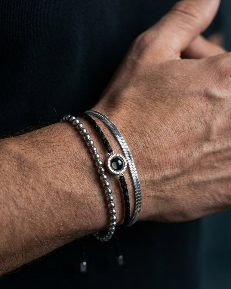 PhilU - Personalised Trio Layered Photo Projection Bracelet - Premium E-Coating Cooper / Silver - Male Model
