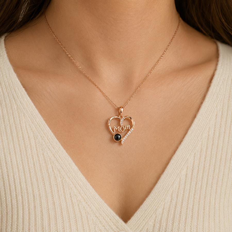 Personalised Mum Photo Projection Necklace – Custom “MOM” Heart Gift