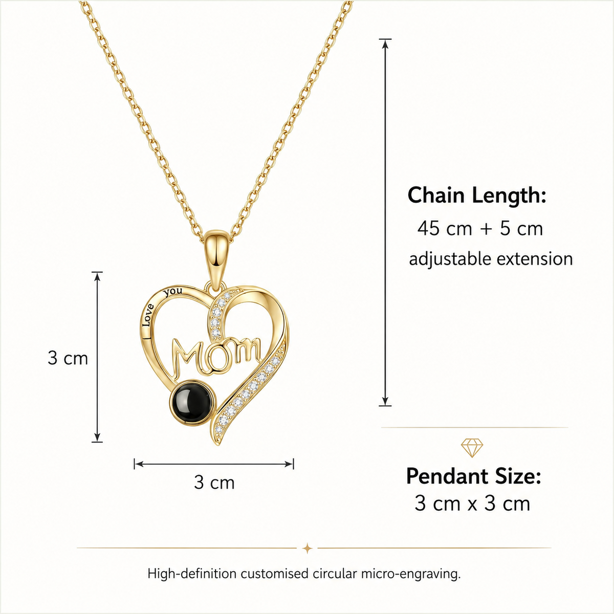 Personalised Mum Photo Projection Necklace – Custom “MOM” Heart Gift