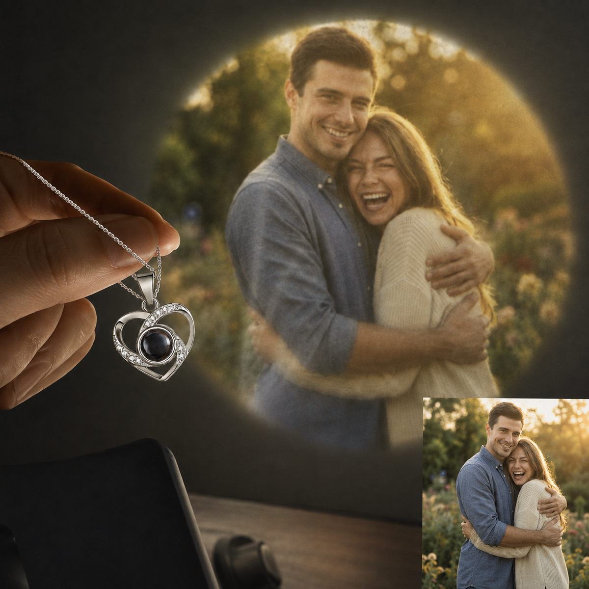 Personalised Sparkling Halo Heart Photo Projection Necklace